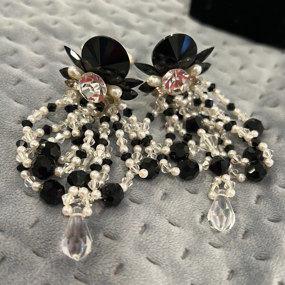 Vintage Jet Black Crystals & Pearl Custom Statement Earrings-Boutique